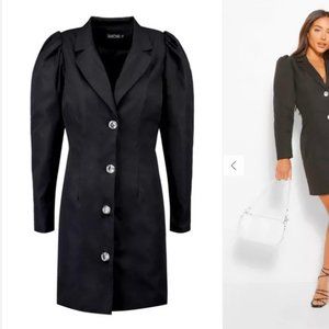 WOVEN DIAMANTE PUFF SLEEVE BLAZER DRESS - WHITE - SIZE 4 US